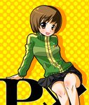  breasts brown_eyes brown_hair copyright_name jacket legs_together long_sleeves looking_at_viewer medium_breasts miniskirt miyabe_makoto persona persona_4 pleated_skirt polka_dot polka_dot_background satonaka_chie simple_background sitting skirt solo tomboy track_jacket yellow_background 