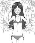  angry bikini blush closed_eyes flat_chest greyscale idolmaster idolmaster_(classic) idolmaster_1 kisaragi_chihaya long_hair monochrome palm_tree side-tie_bikini sketch smile solo sweat swimsuit tanisi_(hosimade) tree 