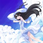  ass bangs bare_shoulders beckoning black_eyes black_hair blunt_bangs cloud copyright_request day dress dutch_angle hand_on_headwear hat kazuoki long_hair looking_at_viewer looking_back see-through see-through_silhouette skinny sky smile solo sundress water wind 