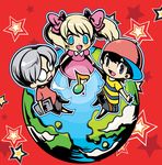  2boys ana_(mother) baseball_cap blonde_hair blue_eyes chibi earth gin_(oyoyo) hat holding_hands lloyd_(mother) mother_(game) mother_1 multiple_boys musical_note ninten smile star twintails 