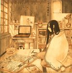  bad_id bad_pixiv_id black_hair blanket clock computer dvd_(object) hikikomori kneeling komori_kiri laptop long_hair monochrome mouse_(computer) newspaper sayonara_zetsubou_sensei seishoku_fuoto sepia shouji sliding_doors solo tatami vase window 