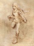  bare_tree boots brown collarbone dress final_fantasy final_fantasy_tactics geomancer_(fft) hair_tie knee_boots leg_up long_hair long_sleeves looking_to_the_side low-tied_long_hair low_ponytail monochrome no_socks piranosuke short_dress solo standing standing_on_one_leg tree 