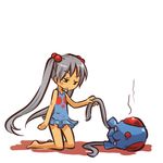 :&lt; bare_shoulders blush_stickers costume empty_eyes frilled_swimsuit frills gen_1_pokemon grey_hair hair_bobbles hair_ornament hitec jpeg_artifacts kneeling long_hair lying moemon on_side one-piece_swimsuit personification pokemon pokemon_(creature) shadow silver_hair simple_background swimsuit tentacool twintails 