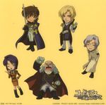  4boys aiguillette artist_request cape cecile_croomy charles_zi_britannia chibi code_geass glasses highres knights_of_the_round_uniform kururugi_suzaku lloyd_asplund military military_uniform multiple_boys one_eye_closed scan schneizel_el_britannia sticker sword uniform weapon 