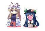  &gt;_&lt; blonde_hair blue_hair blush chibi closed_eyes crying expressionless full-face_blush hat hat_ribbon hinanawi_tenshi jitome long_sleeves looking_at_viewer mob_cap multiple_girls purple_eyes ribbon seiza seo_tatsuya sidelocks sitting standing tabard tears touhou white_background wince yakumo_yukari yin_yang 