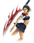  bad_id bad_pixiv_id black_hair blood blood+ bow bra haruki lingerie looking_back midriff open_clothes open_shirt otonashi_saya red_eyes shirt short_hair skirt solo sword underwear weapon 