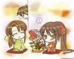  2girls ? blush_stickers brown_eyes brown_hair carnivorous_plant chibi ikebana japanese_clothes kimono multiple_girls non-web_source peeking peeking_out piranha_plant plant ponytail sakai_chigusa sakai_yuuji seiza shakugan_no_shana shana sitting 