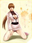  boots breasts brown_hair cleavage cleavage_cutout cropped_jacket earrings hair_over_eyes jewelry kanoca kneeling large_breasts leotard lips lipstick long_hair makeup miniskirt nail_polish no_bra nose pencil_skirt pink_nails ponytail shermie skirt the_king_of_fighters 