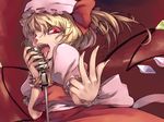  blonde_hair fangs flandre_scarlet hat licking microphone microphone_stand mikage_sekizai ponytail red_eyes ribbon solo tongue touhou 