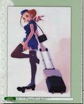  absurdres blush breasts copyright_request flight_attendant high_heels highres jinguuji_rio medium_breasts red_eyes red_hair shoes single_shoe skirt solo stewardess suitcase surprised thighhighs 
