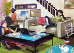  barefoot black_hair blush brown_hair cat computer couch digital_media_player dog dragon_quest drawing drawing_tablet feet indoors ipod laptop leggings long_hair lying multiple_girls rilakkuma san-x shigureteki short_hair sleeping slime slime_(dragon_quest) socks 