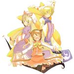  animal_ears blonde_hair brown_hair cat_ears cat_tail chen fang fox_tail gap hair_ribbon hands_in_opposite_sleeves hat long_hair long_sleeves multiple_girls multiple_tails nabana pillow_hat purple_eyes ribbon short_hair tail tassel touhou white_background wide_sleeves yakumo_ran yakumo_yukari yellow_eyes 