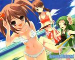  beach bikini brown_eyes brown_hair chair day floral_print flower frilled_bikini frills green_hair itou_noiji jpeg_artifacts kyon_no_imouto long_hair lounge_chair mori_sonou multiple_girls non-web_source one-piece_swimsuit one_eye_closed outdoors print_sarong sarong scan scan_artifacts suzumiya_haruhi_no_yuuutsu swimsuit tray tsuruya twintails very_long_hair yellow_eyes 