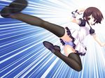  brown_hair chuujou_kuroe flying_kick game_cg kicking kurosaki panties pantyshot purple_eyes shuumatsu_shoujo_gensou_alicematic solo speed_lines striped striped_panties thighhighs underwear upskirt 