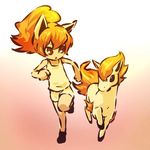  animal_ears bare_shoulders blush_stickers brown_eyes fiery_hair fiery_tail fire gen_1_pokemon hitec horse leg_up moemon open_mouth personification pokemon pokemon_(creature) ponyta ponytail red_hair running shorts simple_background sleeveless tail tank_top triangle_mouth 