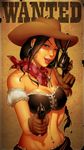  aiming_at_viewer bandana bare_shoulders braid brown_eyes brown_hair bustier chester_ocampo copyright_request cowboy_hat dual_wielding earrings gloves gun handgun hat holding jewelry lingerie midriff navel_piercing open_mouth piercing revolver smile solo underwear wanted weapon western 