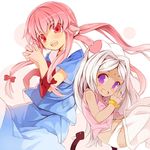  :d blush bow gasai_yuno hair_bow hands_together hat kurasuke long_hair mirai_nikki multiple_girls murmur_(mirai_nikki) open_mouth own_hands_together panties pink_hair purple_eyes red_eyes school_uniform smile tail underwear white_background white_panties 