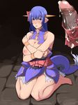 airhike barefoot blue_eyes blue_hair blush bow breasts breasts_outside cleavage covering cum curvy dress dungeon ejaculation feet horns kinoshita_(air_hike) long_hair nipple nipples penis pointy_ears sitting sweat tail thighs torn_clothes 