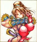  armor bodysuit breasts brown_eyes brown_hair colored_pencil_(medium) covered_nipples fingerless_gloves fishnets gloves japanese_armor kote large_breasts long_hair ninja pauldrons ponytail sheath sheathed shikishi skin_tight solo soulcalibur sword taki_(soulcalibur) tantou traditional_media vambraces weapon yoshitsuki 