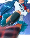  blue_hair blush chidori_kaname dr_rex feet full_metal_panic! head_out_of_frame jindai_high_school_uniform kicking long_hair low-tied_long_hair open_mouth panties pantyshot school_uniform solo striped striped_panties underwear 