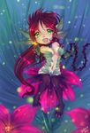  angelpaw bare_shoulders breasts chibi claws earrings extra_ears fang flower glowing green_eyes highres jewelry leaf league_of_legends long_hair monster_girl navel necklace open_mouth plant red_hair sitting solo thorns very_long_hair vines zyra 