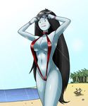  adventure_time armpits beach bikini black_hair blush bracelet breasts clothed clothing collar crossed_legs deadmoon_(kein2002) drink_umbrella eyewear fangs female finn_the_human glasses goggles hair highres human jewelry large_breasts long_hair lounge_chair low-angle_shot mammal marceline marceline_abadeer no_nose outside palm_tree red_bottomwear red_topwear seaside shorts skimpy sling_bikini sunglasses sunlight sweat swimsuit tanning vampire water 