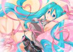  aqua_eyes aqua_hair armpits arms_up asahi_yanagi bdsm blush bondage bound hatsune_miku long_hair looking_at_viewer midriff navel necktie open_mouth ribbon shiny shiny_skin skirt solo twintails very_long_hair vocaloid 