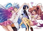  2boys 2girls andou_mirai gradient_hair heart itsuka_tenma_no_kuro_usagi kurenai_gekkou kurogane_taito multicolored_hair multiple_boys multiple_girls official_art saito_himea school_uniform striped striped_legwear striped_thighhighs wink 