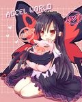  accel_world antenna_hair arita_haruyuki black_hair blush butterfly_wings copyright_name dress frills headband hug kuroyukihime long_hair pig red_eyes wings 