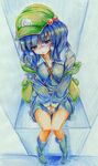  backpack bag blue_eyes blue_hair blush hat highres kawashiro_nitori key nichibotsu_(kitaziman) short_hair sitting solo touhou traditional_media two_side_up v_arms 