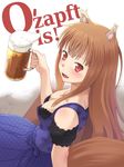  alcohol animal_ears beer breasts brown_hair cleavage dirndl downblouse fang floral_print german german_clothes holo long_hair medium_breasts meow_(nekodenki) oktoberfest red_eyes solo spice_and_wolf tail translated wolf_ears wolf_tail 