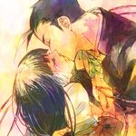  1girl black_hair blush closed_eyes couple gradient_hair hetero hug imminent_kiss long_hair multicolored_hair ran_to_haiiro_no_sekai sango_(haiiro) satoo school_uniform short_hair tears uruma_jin white_hair 