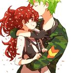  1girl dandruff flaky flippy gloves green_hair happy_tree_friends hug long_hair lowres military military_uniform personification ponytail red_eyes red_hair short_hair uniform yy888s 