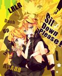  1girl ana_(rznuscrf) blonde_hair brother_and_sister chair controller famicom fur_collar game_console hair_ornament hairclip headphones headphones_around_neck kagamine_len kagamine_rin one_eye_closed project_diva_(series) project_diva_f reciever_(module) remote_control rimocon_(vocaloid) short_hair siblings smile transmitter_(module) twins vocaloid 