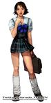  bag brown_hair hirano_miharu kawano_takuji kneehighs legs loose_socks official_art plaid plaid_skirt pointing pointing_at_self school_bag school_uniform serafuku short_hair skirt socks solo sweatdrop tekken tekken_4 watermark 