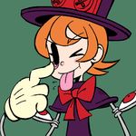  :p ;p akanbe bad_id bad_pixiv_id bow dress eye_socket face gias-ex-machella gloves green_background hat lowres mechanical_arms one_eye_closed orange_hair peacock_(skullgirls) purple_dress short_hair skullgirls solo tongue tongue_out top_hat upper_body white_gloves 