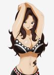  1girl arms_up bare_shoulders black_eyes bra breasts brown_hair cana_alberona cleavage fairy_tail female highres huge_breasts juudai large_breasts long_hair midriff mound_of_venus open_mouth pixiv_manga_sample resized simple_background smile solo tattoo underwear 