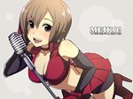  bad_id bad_pixiv_id blush breasts brown_eyes brown_hair character_name cleavage crop_top elbow_gloves gloves hakusai_ponzu looking_at_viewer medium_breasts meiko microphone microphone_stand midriff open_mouth short_hair smile solo vintage_microphone vocaloid 