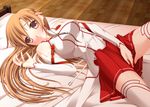  asuna_(sao) blush breasts brown_eyes brown_hair long_hair looking_at_viewer lying medium_breasts on_back skirt smile solo sword_art_online thighhighs umitsubame white_legwear 