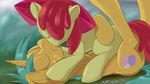  abstract_background apple_bloom_(mlp) bow cub cutie_mark duo equine eyes_closed female feral freckles friendship_is_magic green_hair hair horn horse im-not-sue kissing lying male mammal my_little_pony on_back pony red_hair snails_(mlp) unicorn young 