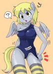  anthro anthrofied blonde_hair breasts cutie_mark derpy_hooves_(mlp) equine female friendship_is_magic hair horse legwear looking_at_viewer mammal my_little_pony one-piece_swimsuit pegasus plain_background pony shepherd0821 solo stockings swimsuit wings yellow_eyes 
