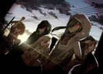  3girls aihara_fuu black_hair blurry brown_hair cloud dutch_angle everyone fist_pump glowing glowing_eyes green_hair grin hand_on_hip highres hood hoodie jacket kagerou_project kano_shuuya kido_tsubomi kisaragi_momo kozakura_marry long_hair looking_away mekakushi_code_(vocaloid) multiple_boys multiple_girls one_eye_closed red_eyes seto_kousuke short_hair smile vocaloid white_hair 