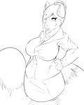  big_breasts black_and_white breasts cleavage clothed clothing female hair looking_at_viewer mammal milf monochrome mother naomi_rasputin nightfaux parent raccoon skirt solo teacher voluptuous 