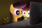  absurd_res apple_bloom_(mlp) blush cub cutie_mark_crusaders_(mlp) duo equine female feral friendship_is_magic hair hi_res horn horse jarwall mammal my_little_pony pegasus pony purple_eyes purple_hair scootaloo_(mlp) sweat television unicorn wing_boner wings young 