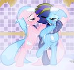  blue_hair blush cutie_mark equine female friendship_is_magic group hair horse kissing lotus_(mlp) male mammal my_little_pony original_character pink_hair pony pyruvate shower sibling siblings spa twins wet 