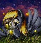  cloud derpy_hooves_(mlp) equine female feral firefly friendship_is_magic glass glass_jar grass hair happy harwick horse jar lying mammal my_little_pony night pegasus pony smile stars wings yellow_eyes 