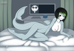  bed big_breasts breasts female fin fish green_hair grey_body hair hands hindpaw jack_skellington kloudmutt looking_at_viewer lying marine nipples nude paws purple_eyes pussy shark solo two_tone_hair vixys 
