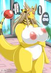  anthro areola big_breasts big_thighs blush bouncing_breasts breasts brown_hair chubby cleavage clothed clothing embarrassed female hair holding_breasts huge_breasts japanese_text jasmine nintendo nipples pok&#233;mon pok&#233;morph pok&eacute;mon pok&eacute;morph pussy solo text thick_thighs translated translation_request video_games voluptuous wide_hips ymbk 