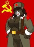  bear big_breasts black_nose bottomless breasts brown_hair clothed clothing droll3 erect_nipples fangs female hair half-dressed hammer_and_sickle hands_on_hips hat huge_breasts jacket long_hair mammal nipples parody russia russian solo soviet star teeth ushanka world_war world_war_2 ww2 