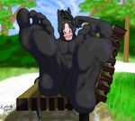  abs anthro bare_feet barefoot bench biceps black black_fur brown_eyes equine eustache flexing foot_focus fur hair hindpaw horse looking_at_viewer male mammal muscles nude orange_eyes park paws pecs pose sitting solo toes 